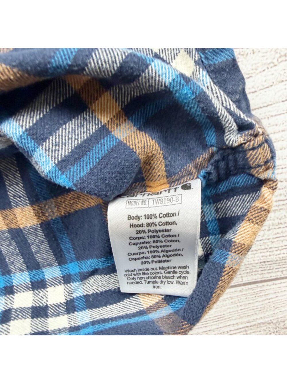 Carhartt Boys Flannel Hooded Shirt Shacket Blue Plaid Button Down Medium 10-12 - Picture 3 of 4